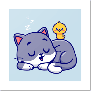 Cute Cat Sleeping With Chick Cartoon Posters and Art